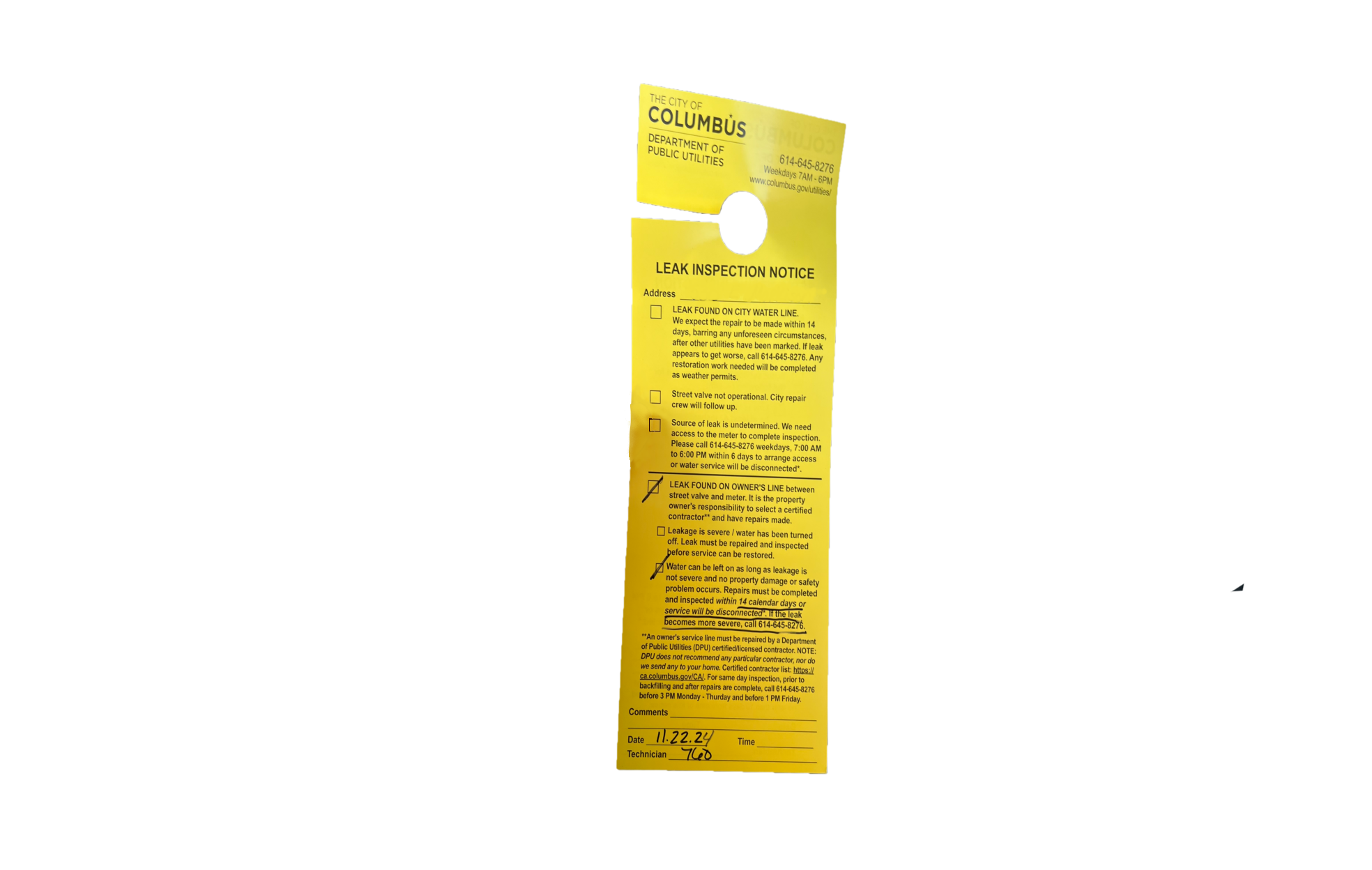 City of Columbus Leak Tag